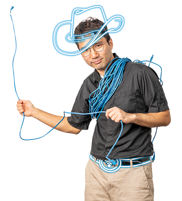 Link Aggregation. A man wields networking cable like a lasso, taming your computer network