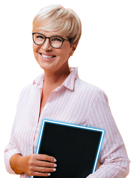 IT Support for Charities. A Charity Manager holds a laptop and looks at the camera