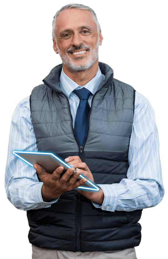 IT Support for Transport and Logistics.  A Cold Store Manager holds his tablet PC