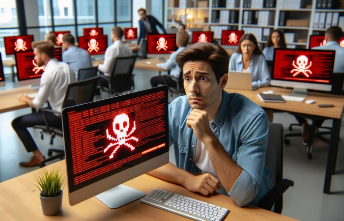 A system breach is highly likely. How will you detect and respond to it?  A worker in his 30's looks around an office that has been compromised by malware.