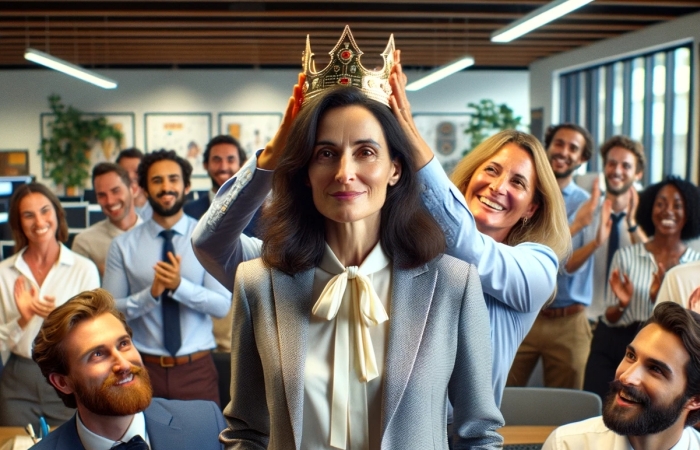 Why the CIO is the next CEO. A woman in her forties, who is the IT Manager, is receiving a crown and  accolades from her peers in an office.