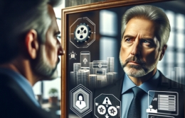 Essential Eight Self-Assessment. A middle-aged IT Manager looks into a mirror and sees a variety of information security-related images surrounding his reflection.