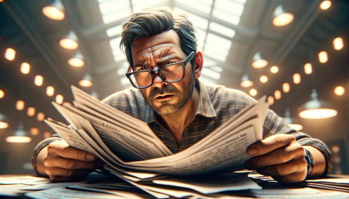 ISO 27001 Information Security certification. A mature male looks confused as he reads reams of paper that are the ISO27001 standard.