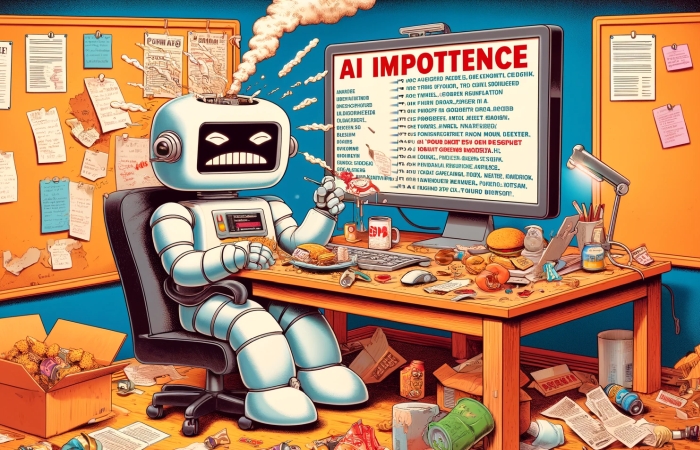 AImpotence. When your AI just cannot deliver what you need. A humorous image depicting a robot that is eating junk food and not performing particuarly well.